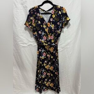 LOFT Floral Midi Dress 10 Navy Floral V-Neck Belted Short Sleeve Fall Spring